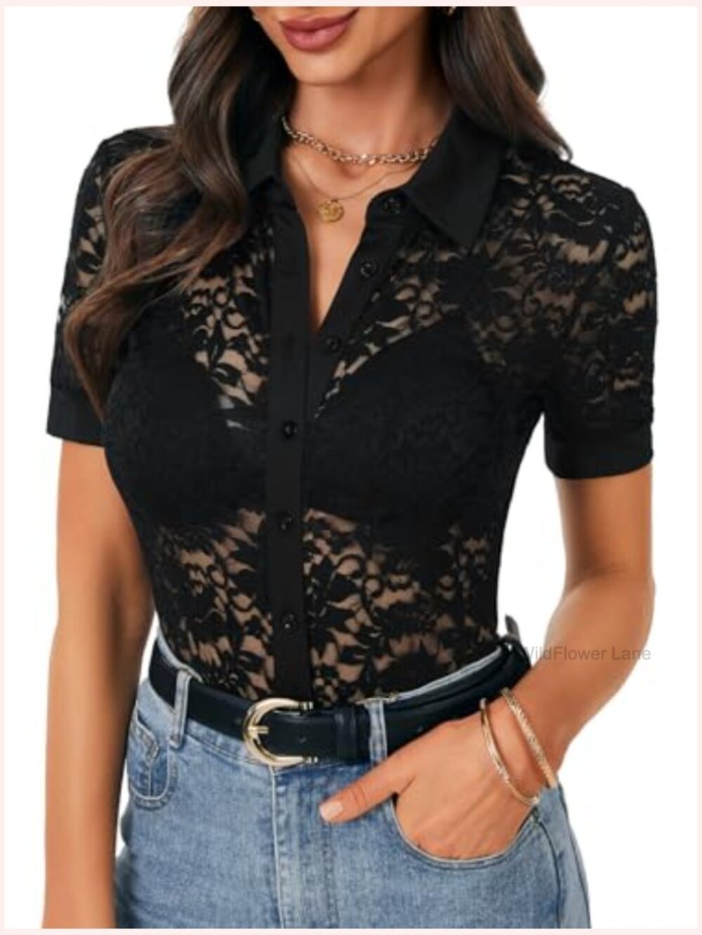 Lace Button Up Short Sleeve Blouse Sheer Collared Shirt Dressy Casual Top - Picture 4 of 7